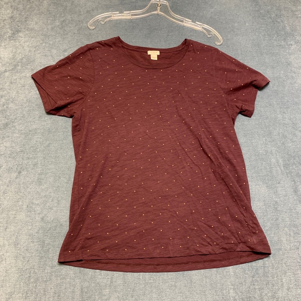 J.Crew T Shirt Womens Large Maroon Metallic Polka Dot Short Sleeves Crew Neck